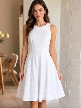White House Black Market Sleeveless White Textured Fit & Flare Dress 2/4